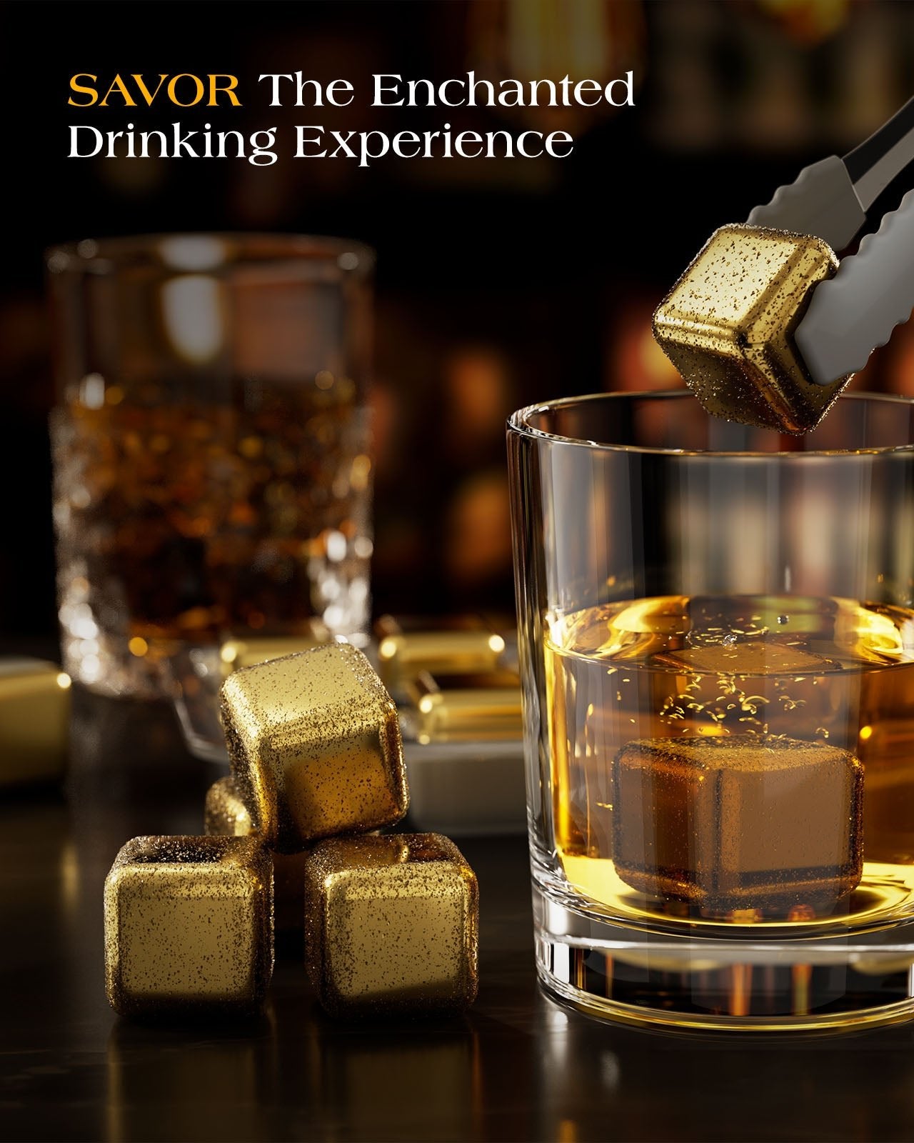 Kollea 8 Pack Gold Stainless Steel Whiskey Stones, Gifts for Whiskey Drinkers